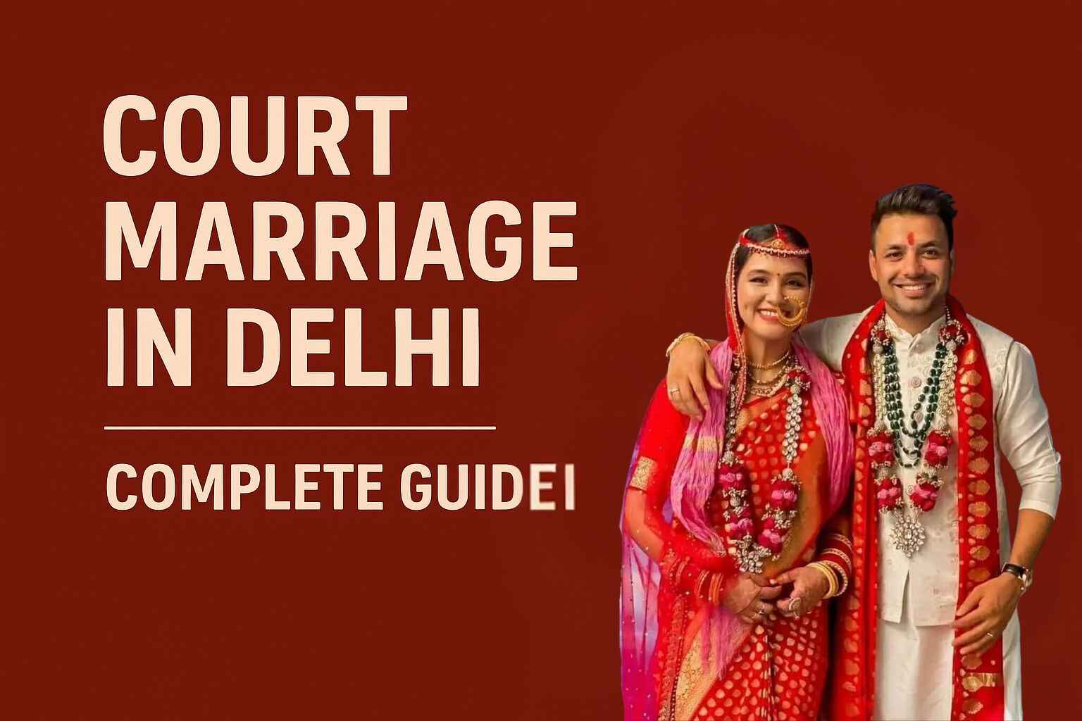 Smiling Indian couple in traditional wedding attire promoting court marriage in Delhi complete guide